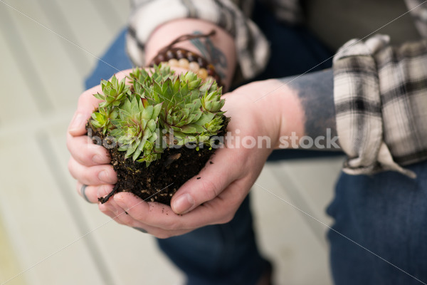 Stock Photo: Agender Person Holding Plant while Gardening - Body Liberation Photos