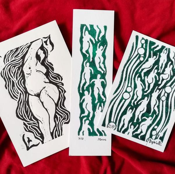 The swimming ladies, 3 original handmade linocut postcard and bookmark set, art nudes linoprints - Body positive art