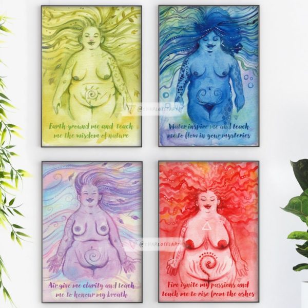 Witch Decor Art Prints Set - Pagan Gifts - A5 Size - Wiccan Altar Cards - Goddess Art - Body Positive Witchy gift Elements.